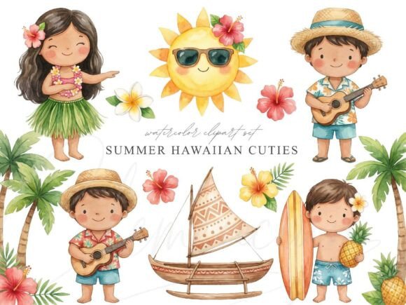 Download Cute Hawaiian Kids Clipart Set - Hawaiian Collection