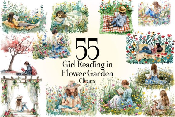 Download Girl Reading in Flower Garden Clipart - Premium Bundle
